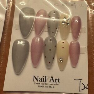 Handmade Press On Nails Almond Shape Grey Pink Cream Rhinestone Polka Dot Set